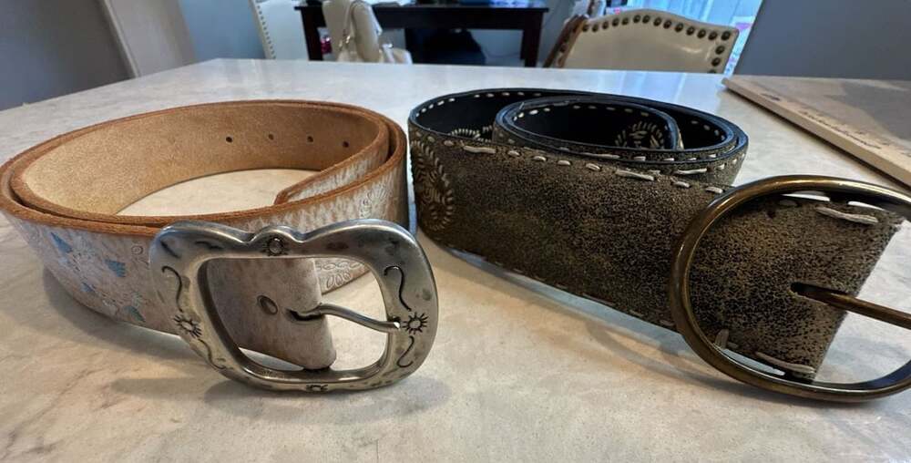 Lucky Brand Embossed Leather Belt Size 32 Brown Blue Floral AND Newport News lea
